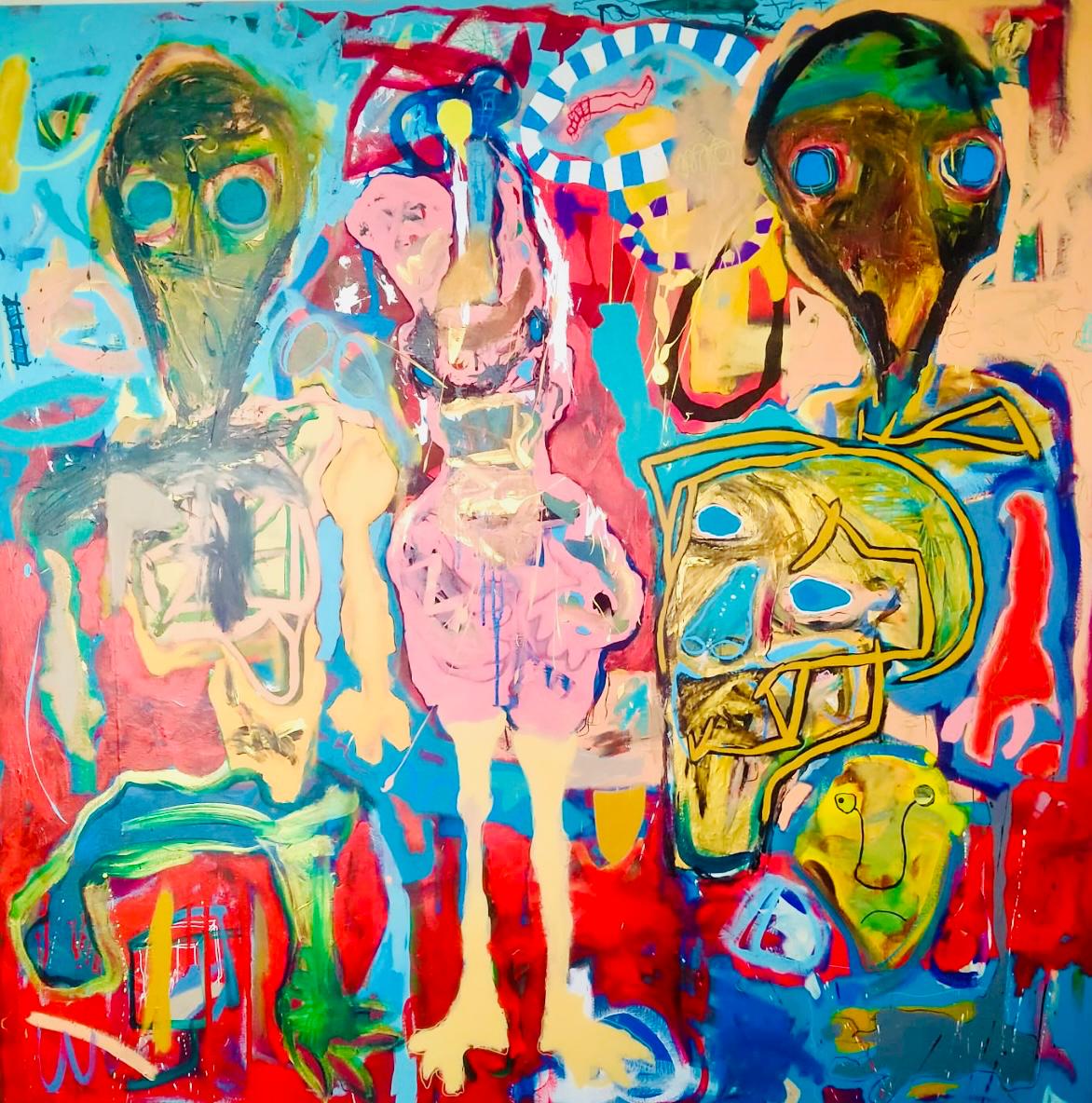 La espera (2024) – Acrílicos y pasteles al óleo sobre lienzo, 120×120 cm