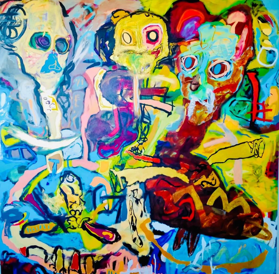 El juego (2024) – Acrílicos y pasteles al óleo sobre lienzo, 120×120 cm