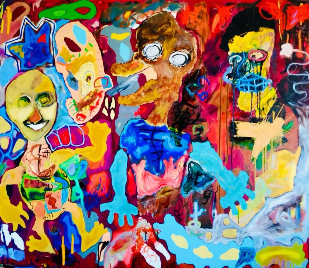 Luces y sombras (2023) – Acrílicos y pasteles al óleo sobre lienzo, 100×120 cm