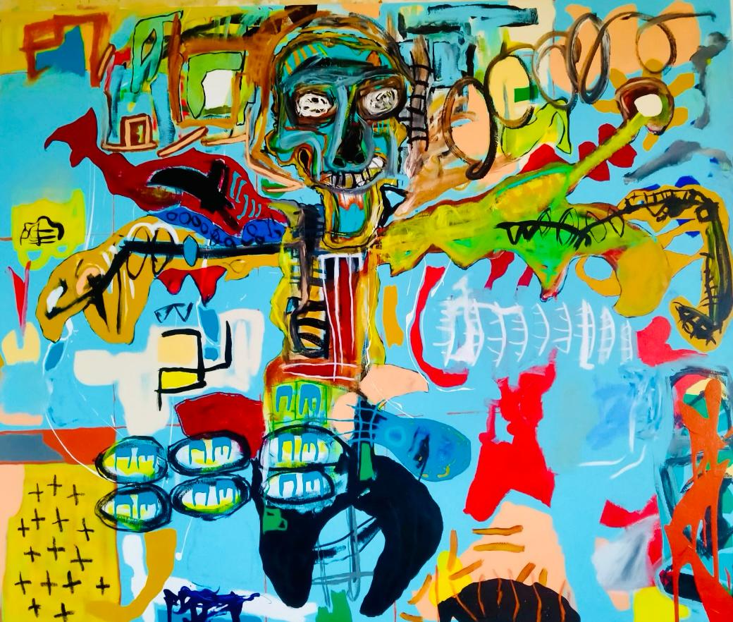 Arrogancia sobre azul (2023) – Acrílicos y pasteles al óleo sobre lienzo, 100×120 cm