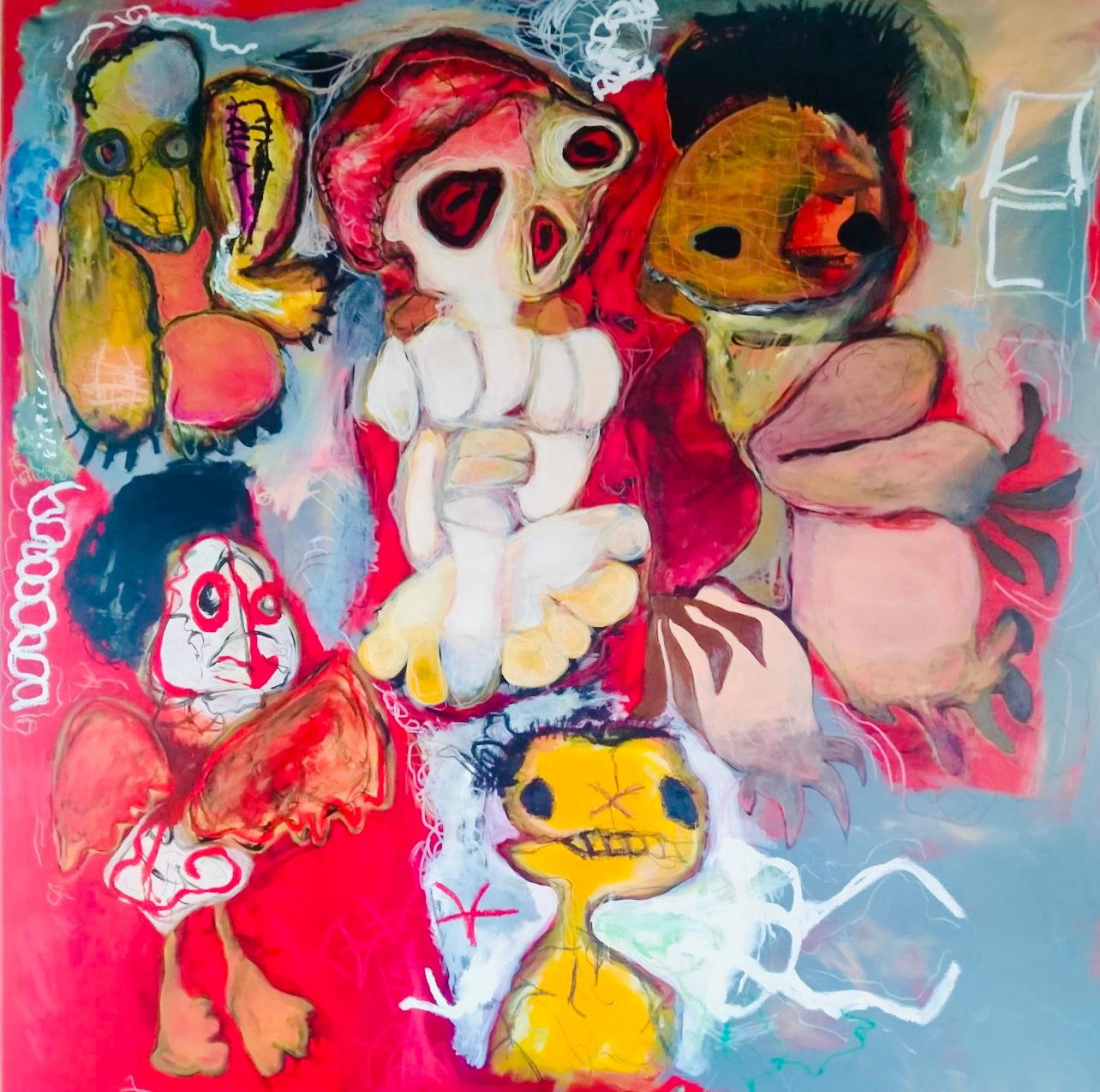 Anónimos sobre rojo (2021) – Acrílicos y pasteles al óleo sobre lienzo, 100×100 cm