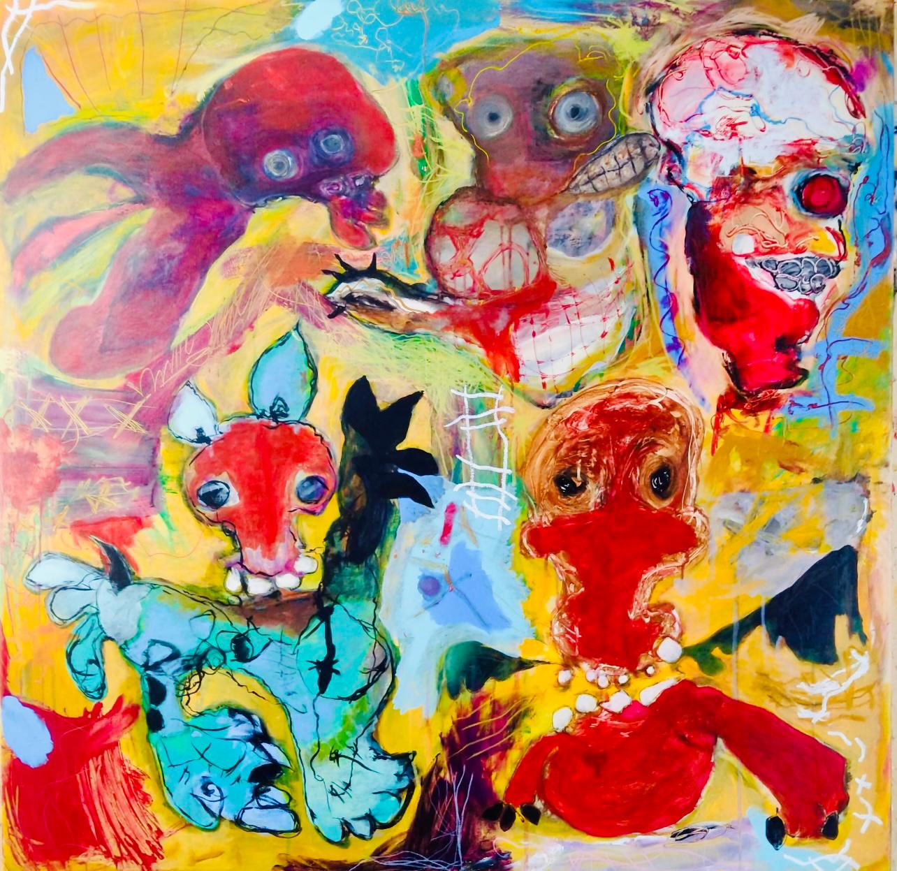 Euforia sobre amarillo (2021) – Acrílicos y pasteles al óleo sobre lienzo, 100×100 cm