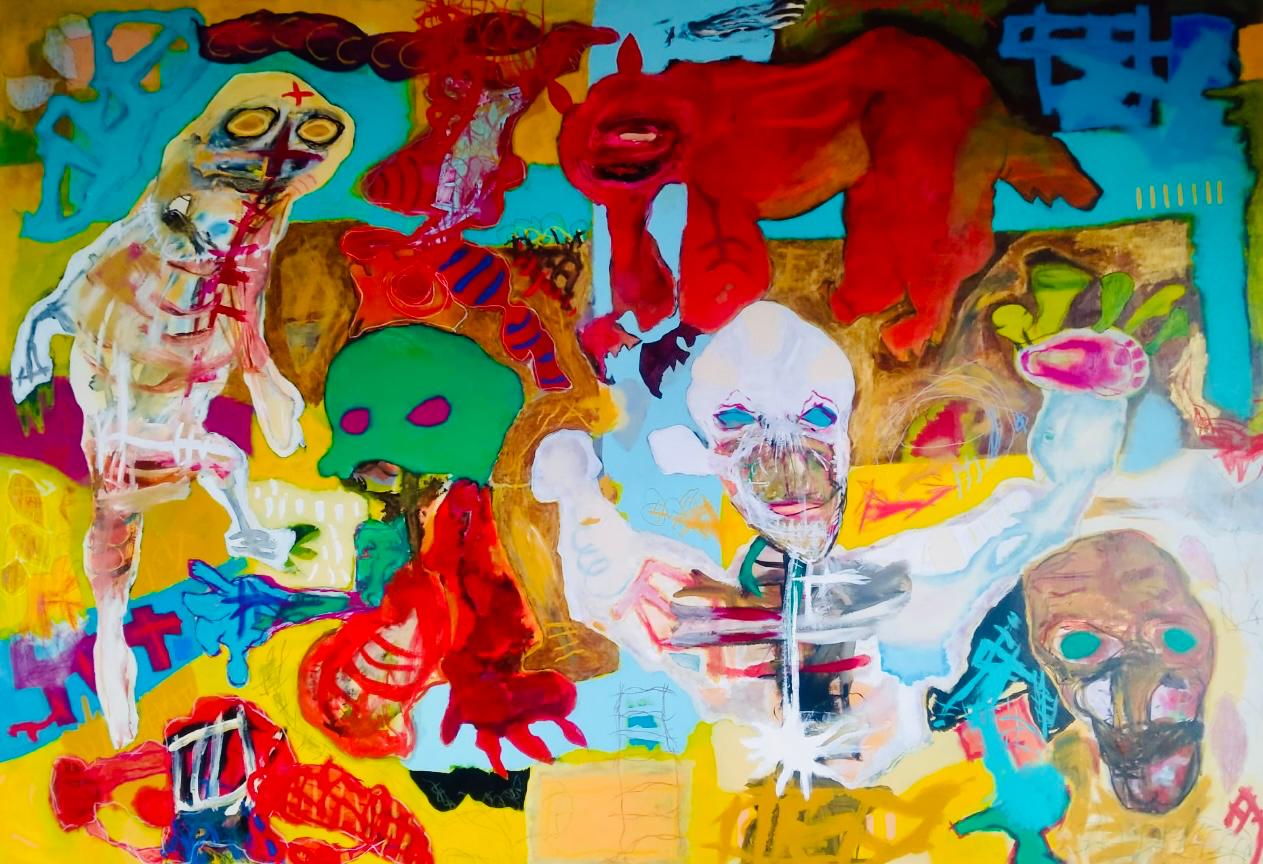 Gato rojo (2022) – Acrílicos y pasteles al óleo sobre lienzo, 89×130 cm