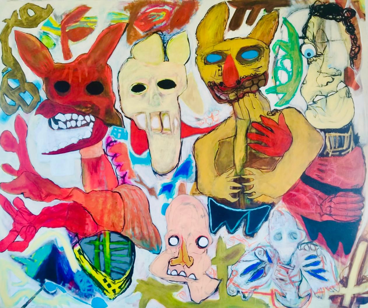 Anónimos N°3 (2022) – Acrílicos y pasteles al óleo sobre lienzo, 100×120 cm