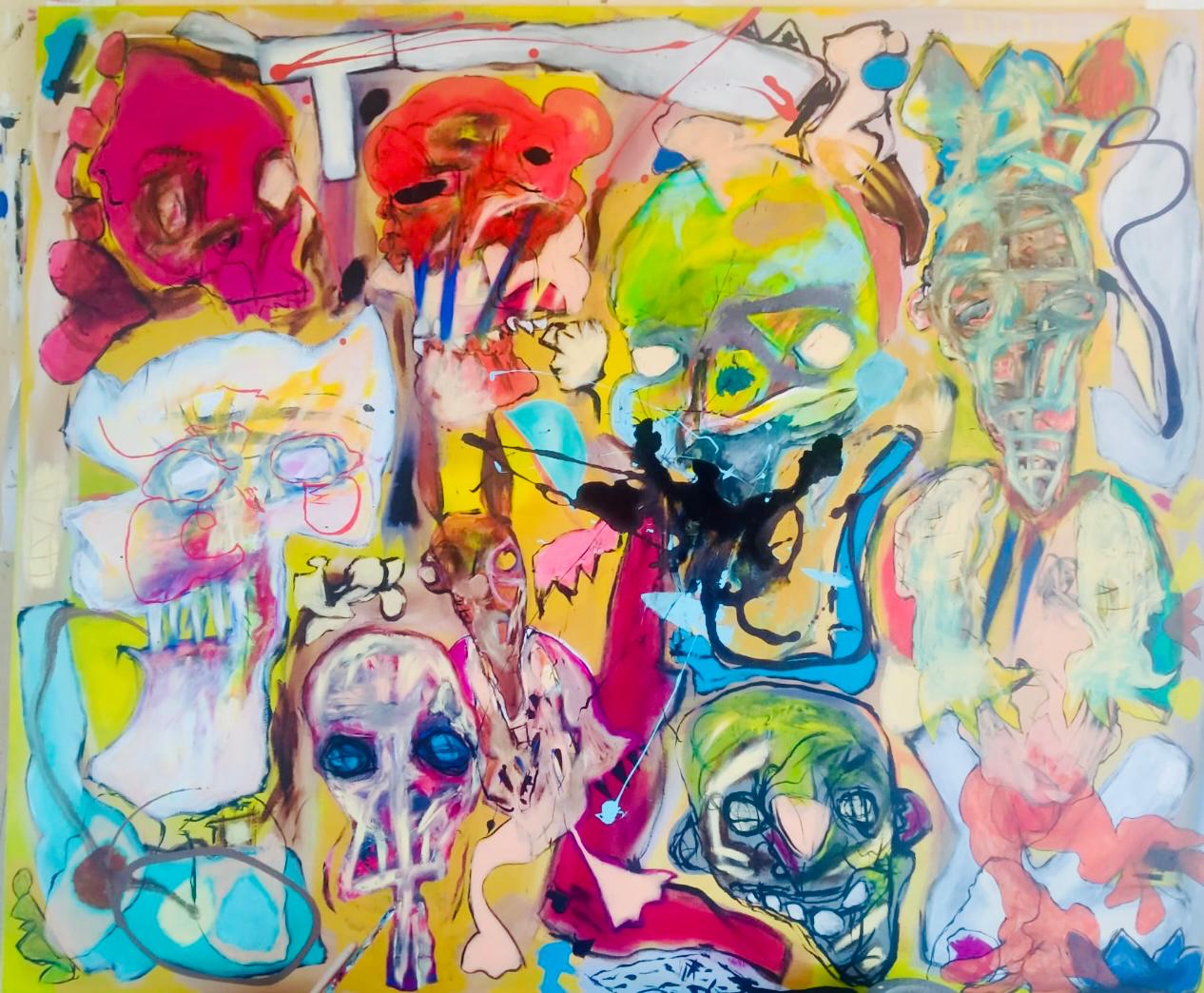 Anónimos N°2 (2022) – Acrílicos y pasteles al óleo sobre lienzo, 100×120 cm