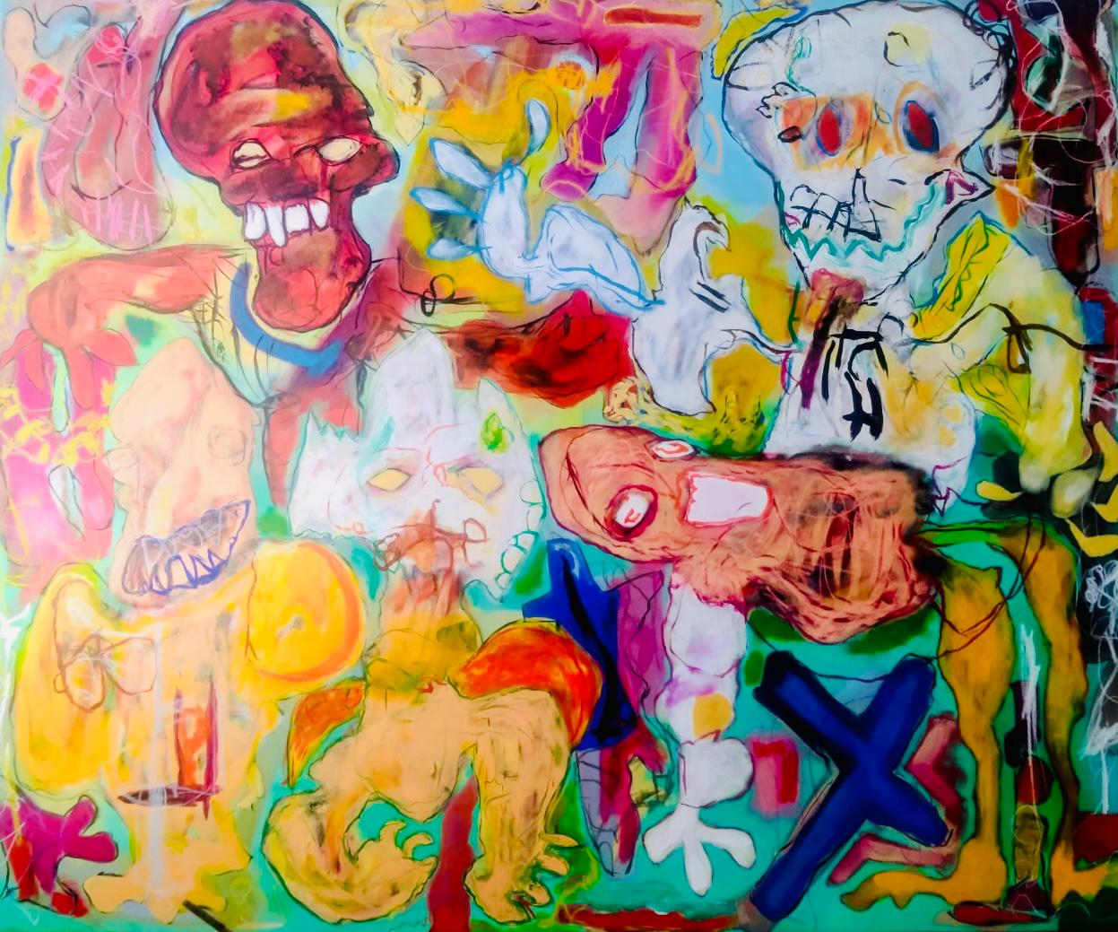 Anónimos N°4 (2022) – Acrílicos y pasteles al óleo sobre lienzo, 100×120 cm