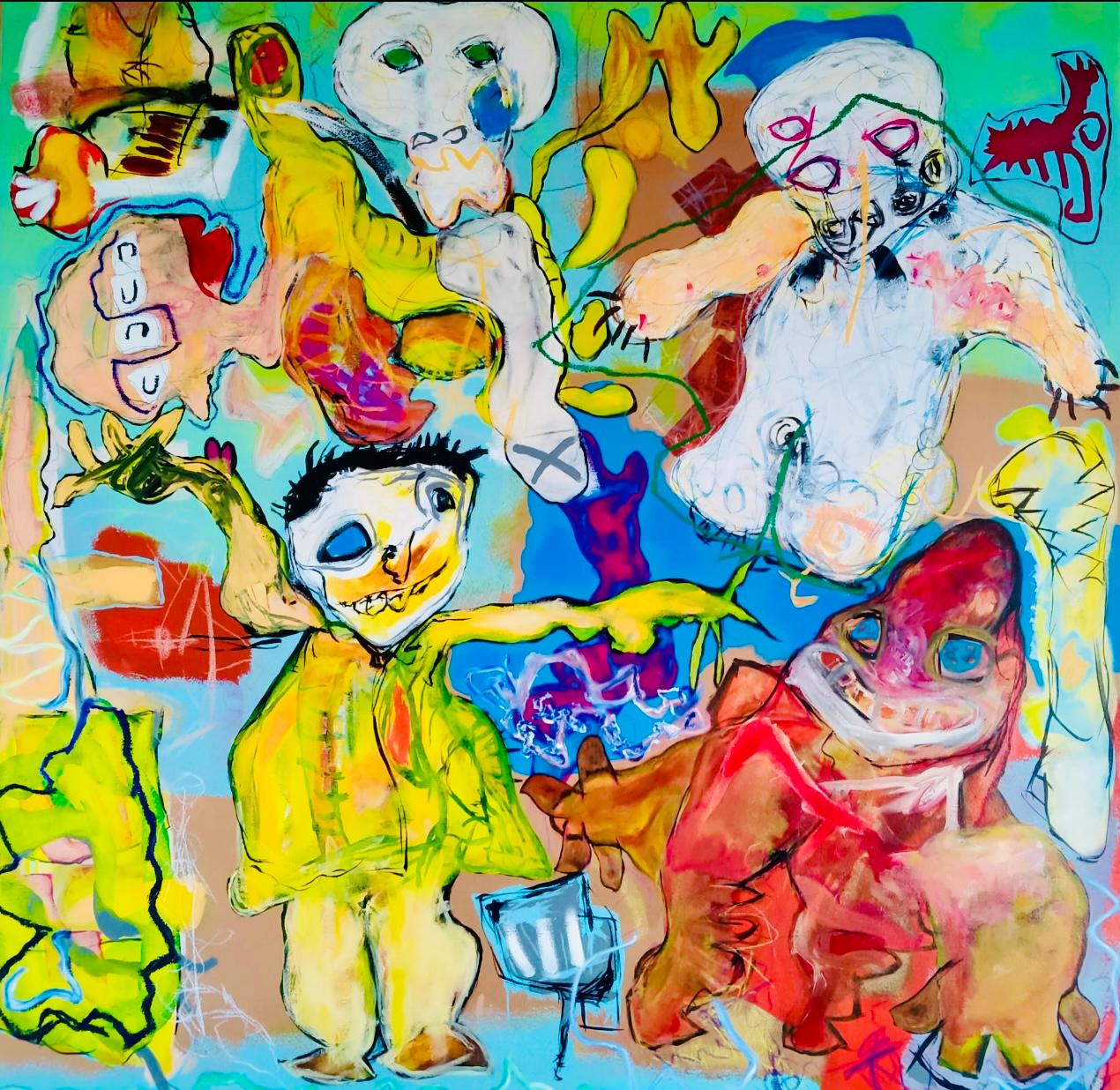 Fiesta en tu nombre (2022) – Acrílicos y pasteles al óleo sobre lienzo, 100×100 cm