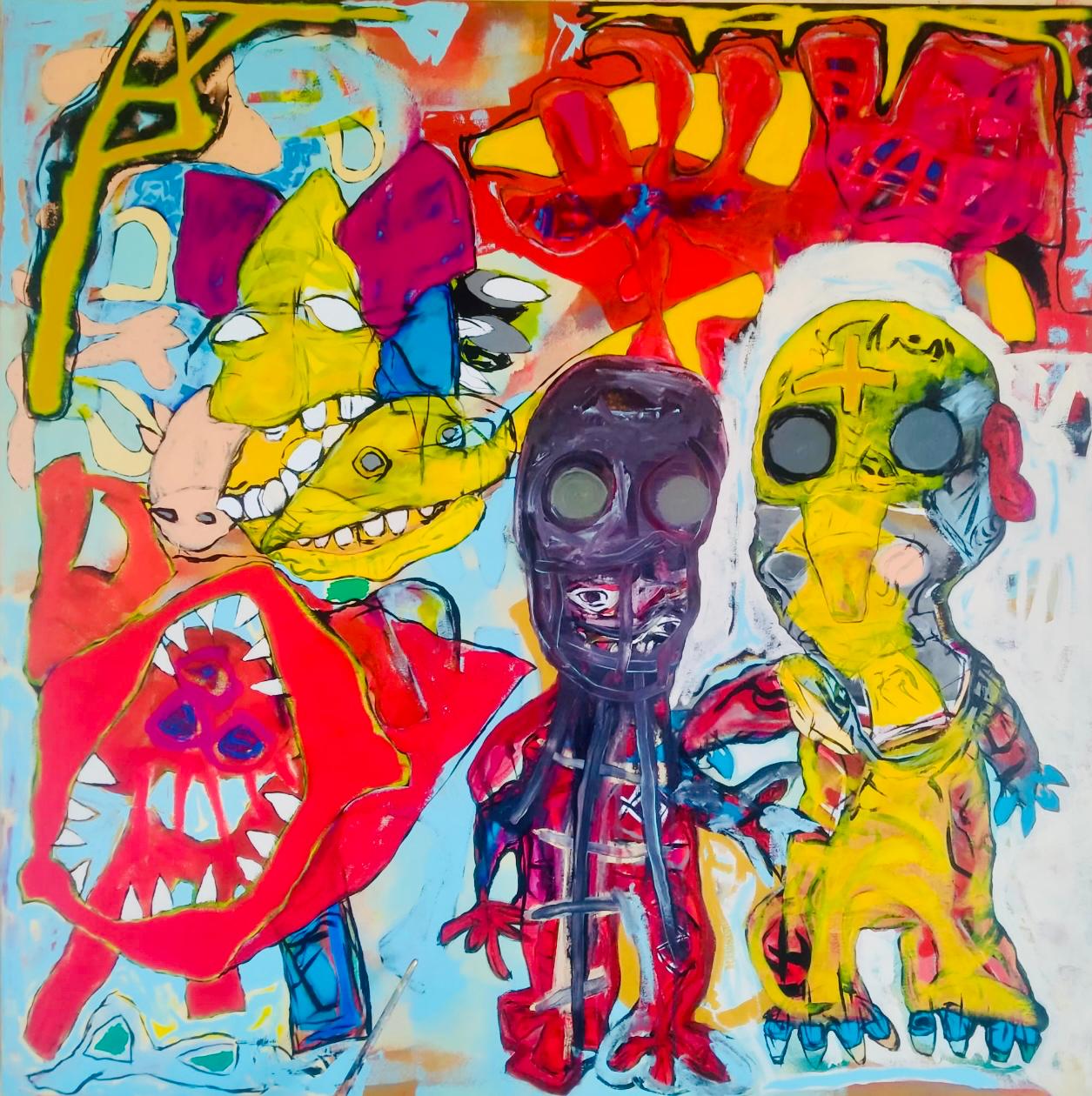 Grito en rojo (2022) – Acrílicos y pasteles al óleo sobre lienzo, 100×100 cm