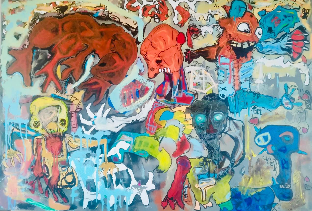 Gato rojo durmiendo (2023) – Acrílicos y pasteles al óleo sobre lienzo, 89×130 cm