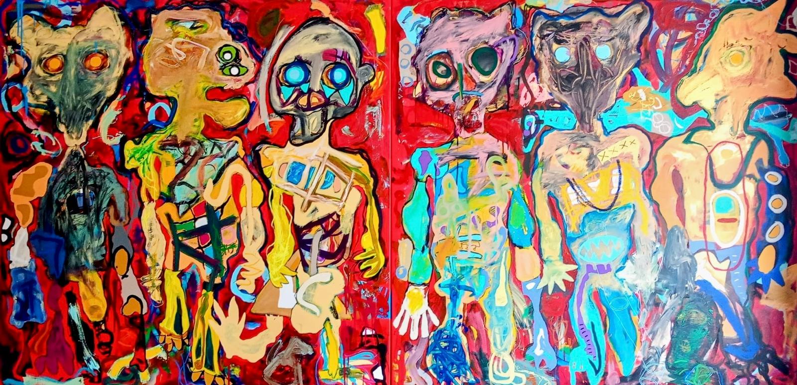 6 sobre rojo (2025) – Acrílicos y pasteles al óleo sobre lienzo, díptico 120×240 cm