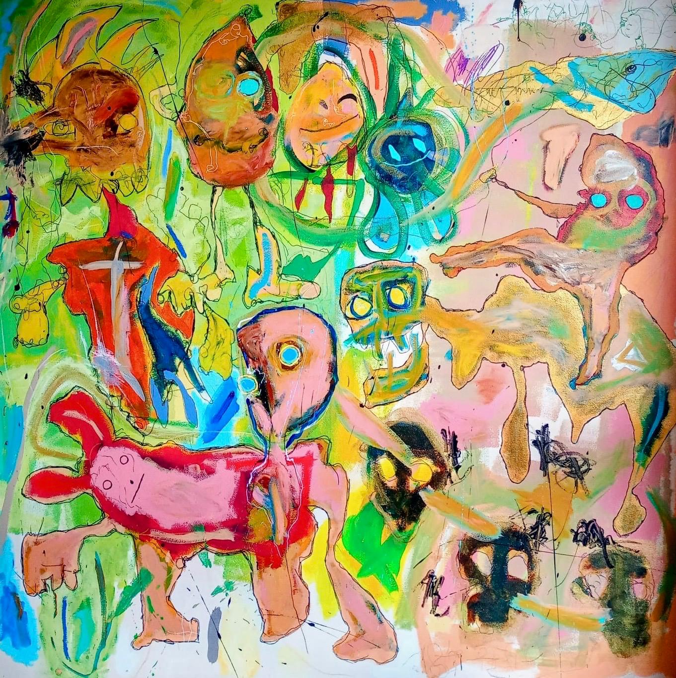 La carrera (2025) – Acrílicos y pasteles al óleo sobre lienzo, 120×120 cm